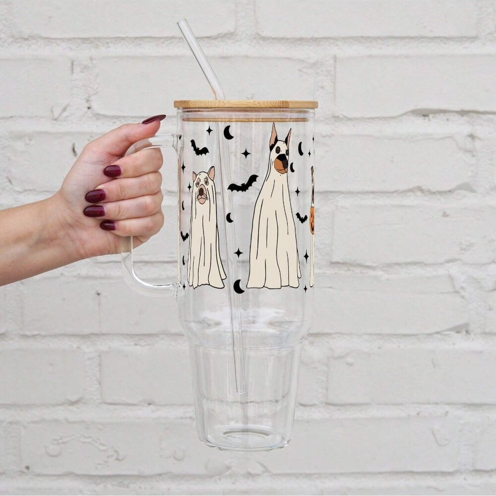 Halloween Dog 40oz Glass Tumbler, Halloween 40oz Glass Tumbler, Cute Ghost Dog